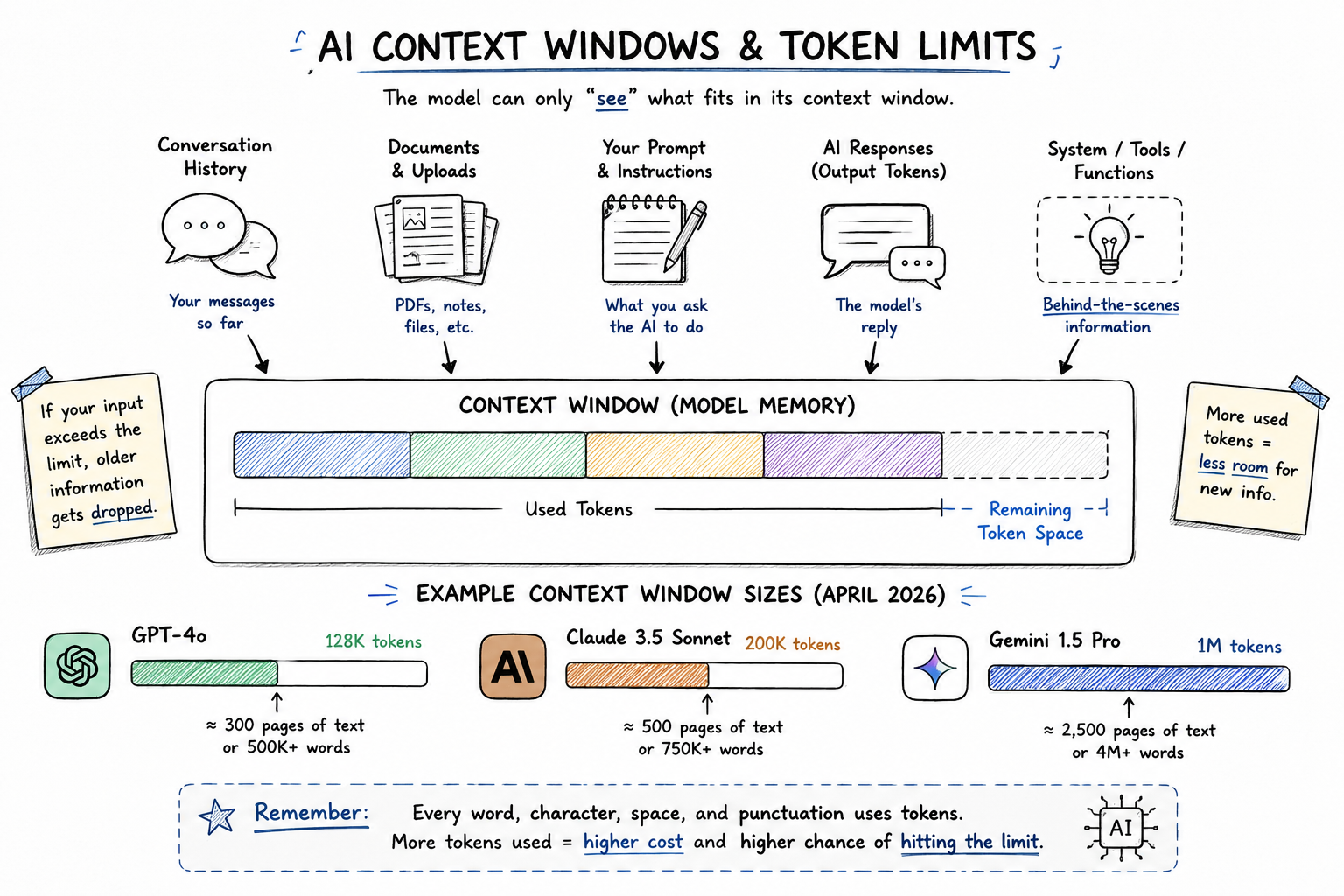 Sketch illustration explaining AI context windows and token limits in large language models