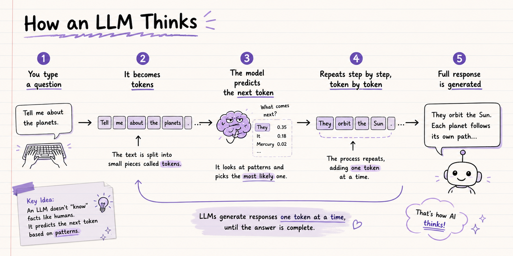 Hand-drawn flowchart showing how an LLM thinks step by step — from user input to token prediction to final response.