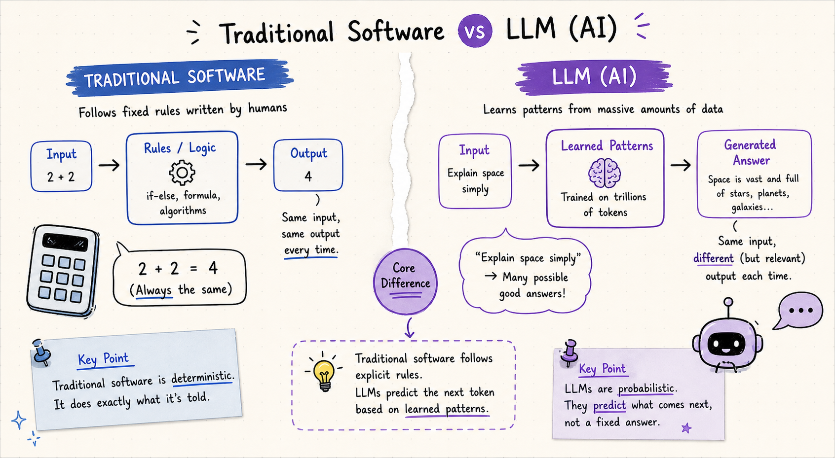 Side-by-side comparison of traditional software (rule-based) vs LLM (AI) (learned patterns) showing how outputs are different.